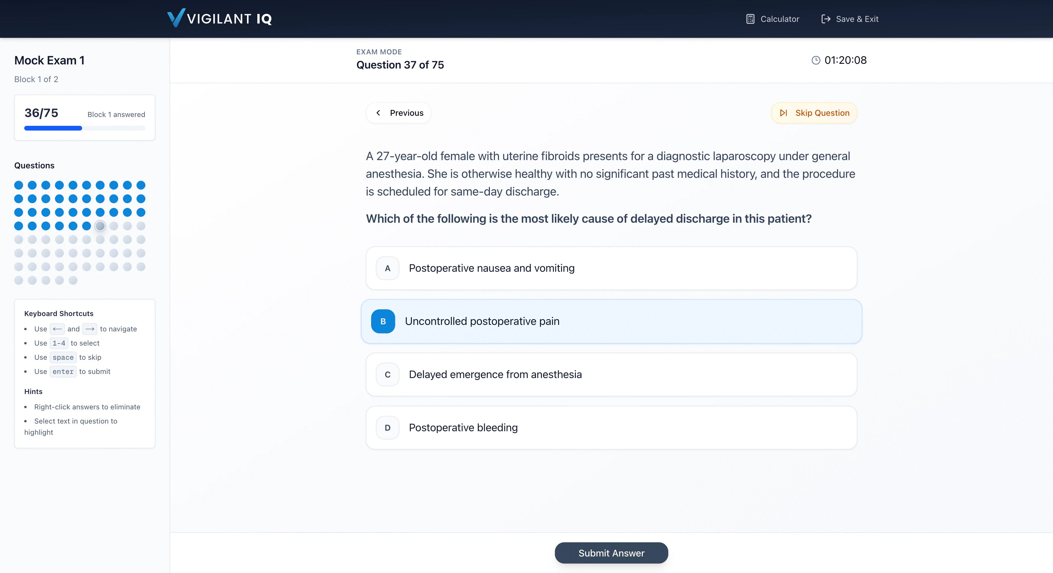 Mock Exam 1 in progress: question 37 of 75, with the block timer, the question navigator and four answer choices, one of them selected.