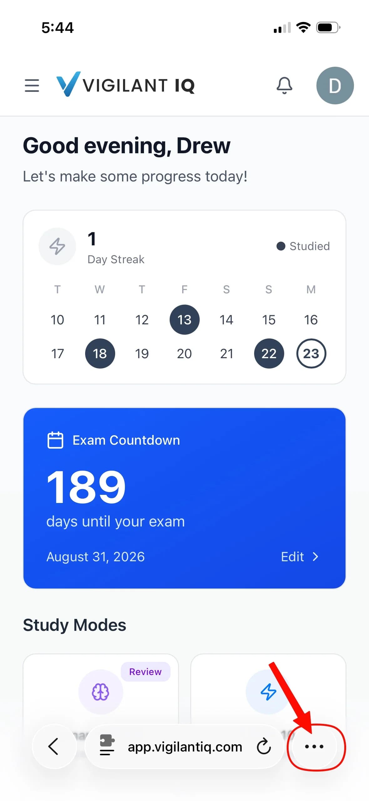 The Vigilant IQ dashboard open in Safari on an iPhone