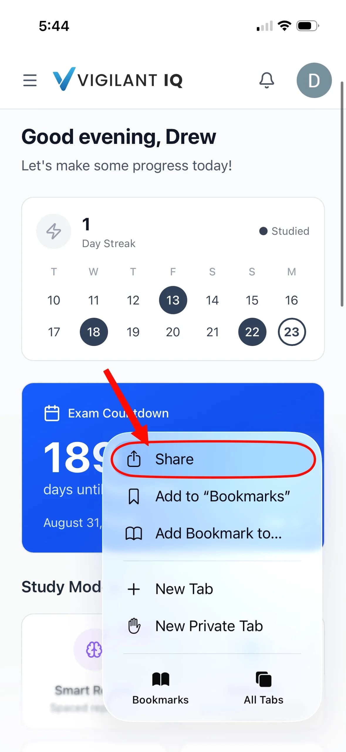 Safari with the share button in the address bar highlighted