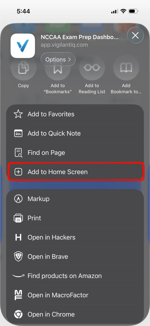 Add to Home Screen option in share menu