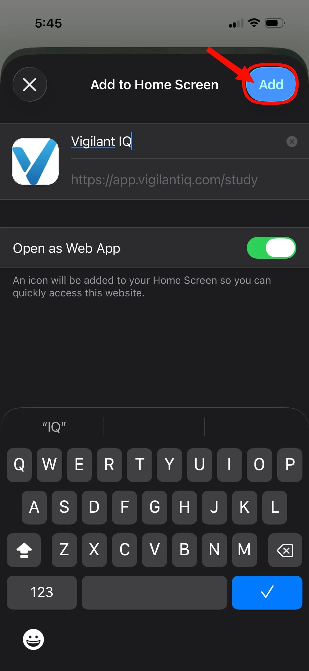 The Add to Home Screen confirmation dialog on iOS