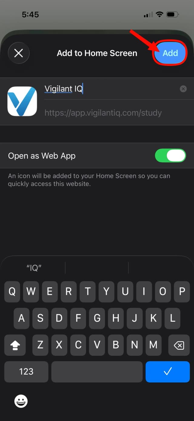 Confirm Add to Home Screen dialog