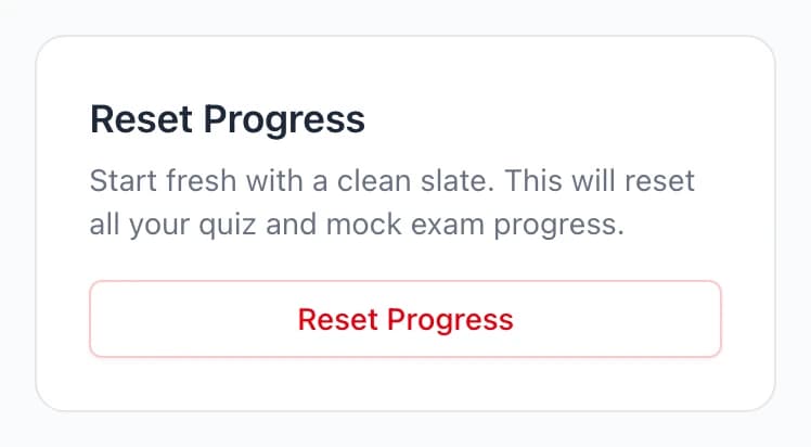 The Reset Progress card at the bottom of the Study Progress page, with the Reset Progress button across the bottom