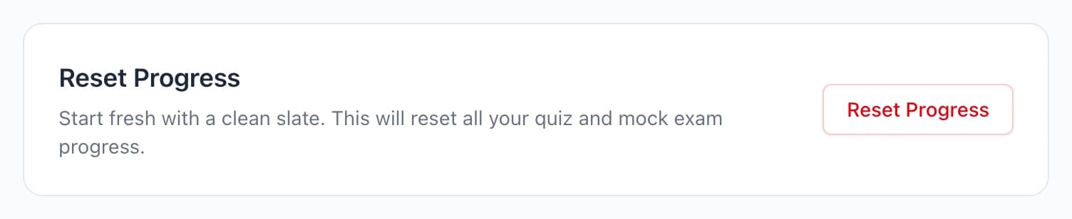 The Reset Progress card at the bottom of the Study Progress page, with the Reset Progress button on the right